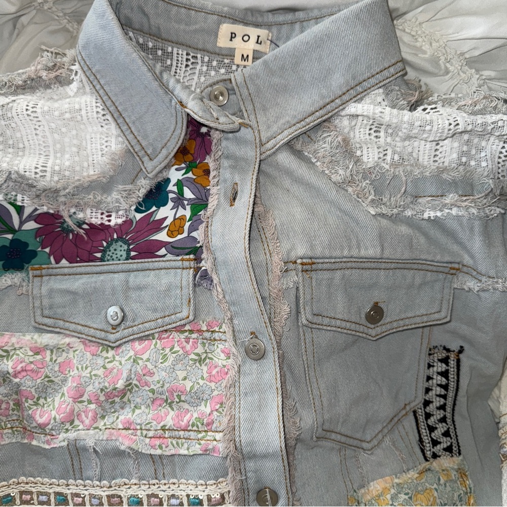 Patchwork Denim and Lace Jacket Distressed Boho Denim Shacket Mixed Floral Lace - Picture 16 of 17